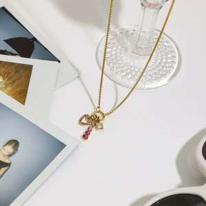 Gioielli Delicati Romantici con Cuore Traforato, Grazioso Set 3 in 1 con Zircone Rosa, Ciondolo Placcato Oro in Acciaio Inossidabile per Collana Fai-da-Te - Product Image 5