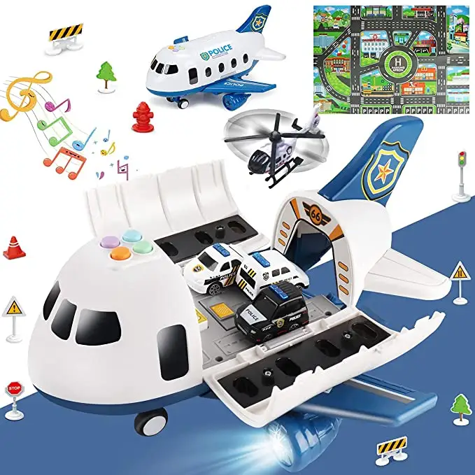 Giocattoli per aeroplani con giocattoli per auto della polizia leggeri e sonori con tappetino per attività e giocattoli per auto a frizione per bambini piccoli