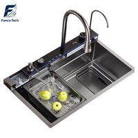 Évier de cuisine intelligent en acier inoxydable 304, grand format, à cuve unique profonde, finition PVD noire anti-rayures, avec panier de récupération des débris