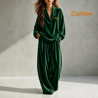 Ensemble de vêtements de détente pour femmes avec logo personnalisé, en velours uni, 2 pièces, col rabattu, demi-fermeture éclair, haut à manches longues, pantalon large
