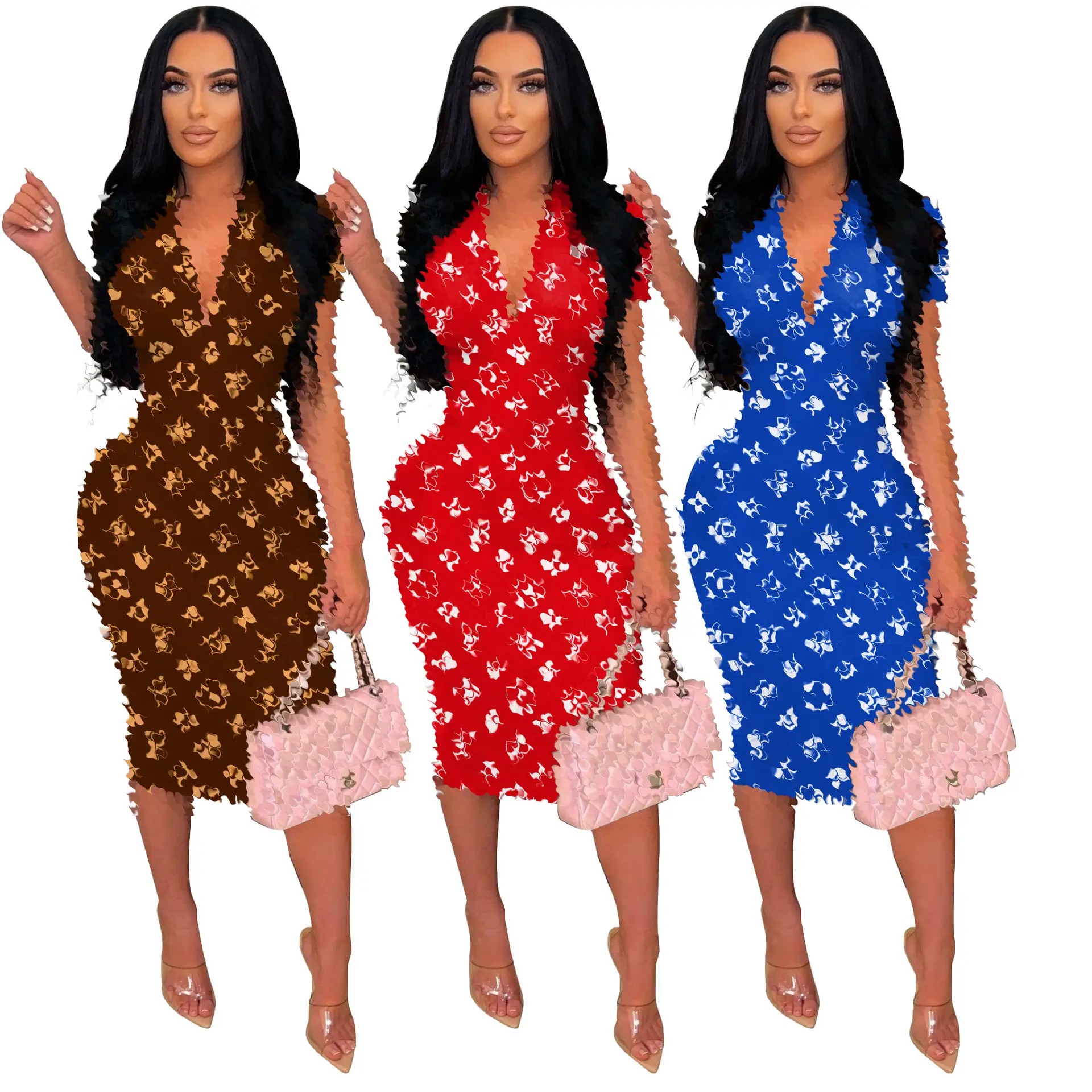 2024 Beroemde Merk Vrouwen Elegante Casual Jurk Designer Print Zomer Korte Mouw V-Hals Sexy Bodycon Slim Past Midi Jurk