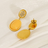 Boucles d'oreilles pendantes ovales jaunes en acier inoxydable 304 plaqué or 18 carats sous vide, avec pierre claire et bordure dorée, 33x13mm, bijoux pour femmes