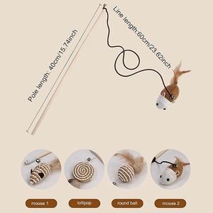 Giocattolo interattivo per gatti: bacchetta da gioco con piuma, peluche, piume, topo in lino di legno e campanello - Product Image 2
