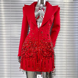 Di lusso da <span class=keywords><strong>donna</strong></span> con perline in oro e colletto con colletto colletto a maniche lunghe da sera per feste abito Blazer nero abiti eleganti da <span class=keywords><strong>donna</strong></span> - Product Image 4