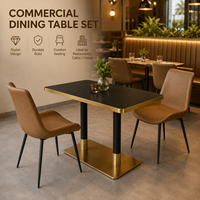 Ensemble de salle à manger rectangulaire, plateau de table noir avec bordure dorée, chaise rembourrée marron, fournitures pour hôtels, cafés, bistros et restaurants