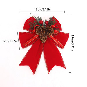 Ornement de Noël à suspendre pour sapin, nœud en ruban de velours et de toile de jute à carreaux, décoré de pommes de pin, baies rouges et aiguilles de pin - Product Image 6