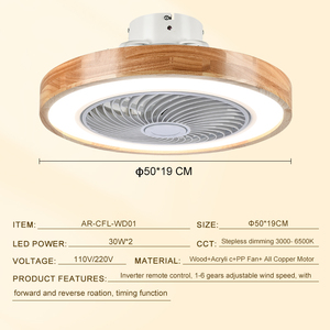 Wood 19.7'' <b>Ceiling</b> Fans With <b>Lights</b> <b>Remote</b> <b>Control</b> Modern LED 3 Color Dimmable Lighting 6 Speeds All Copper Motor - Product Image 6