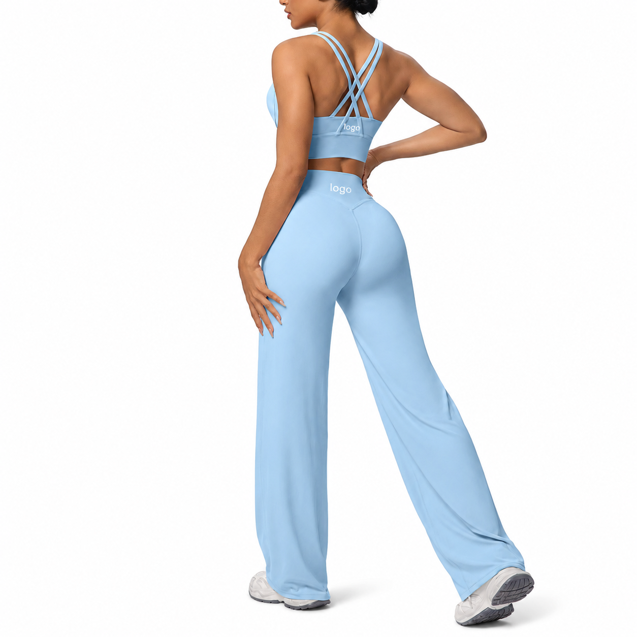 Custom Nylon Spandex High Waist Quick Dry Cross Back Women Yoga Set with Straight Leg Pants for Gym Yoga Fitness Workout