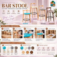Tabouret de bar moderne en bois massif avec siège rembourré, dossier en lattes de bois, repose-pieds en métal, anneau gris bleu, tabouret de bar pour café