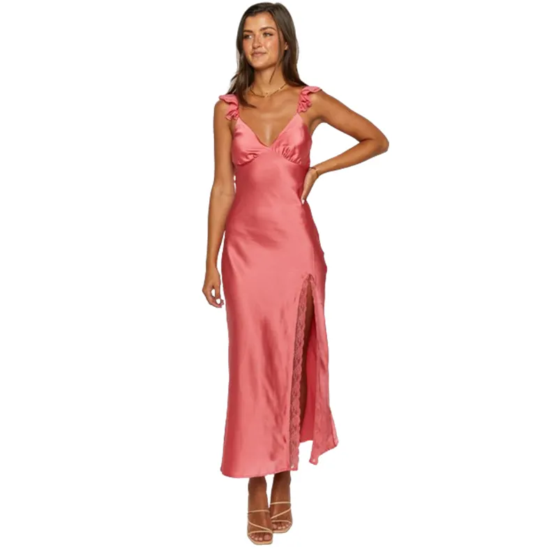 Vestidos longos de noite femininos de renda estilo resort sexy e elegante para férias personalizados com decote em V rosa e babado