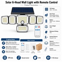 Lampe murale de sécurité solaire IP44 à 6 têtes, 370 LED, détecteur de mouvement PIR, éclairage extérieur avec télécommande