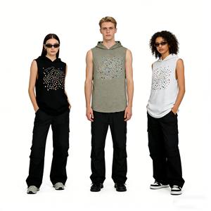 Camisetas sin mangas para hombre de algodón French Terry 100% con capucha, con pedrería termoadhesiva, ropa deportiva de alta calidad para hombre. - Product Image 5