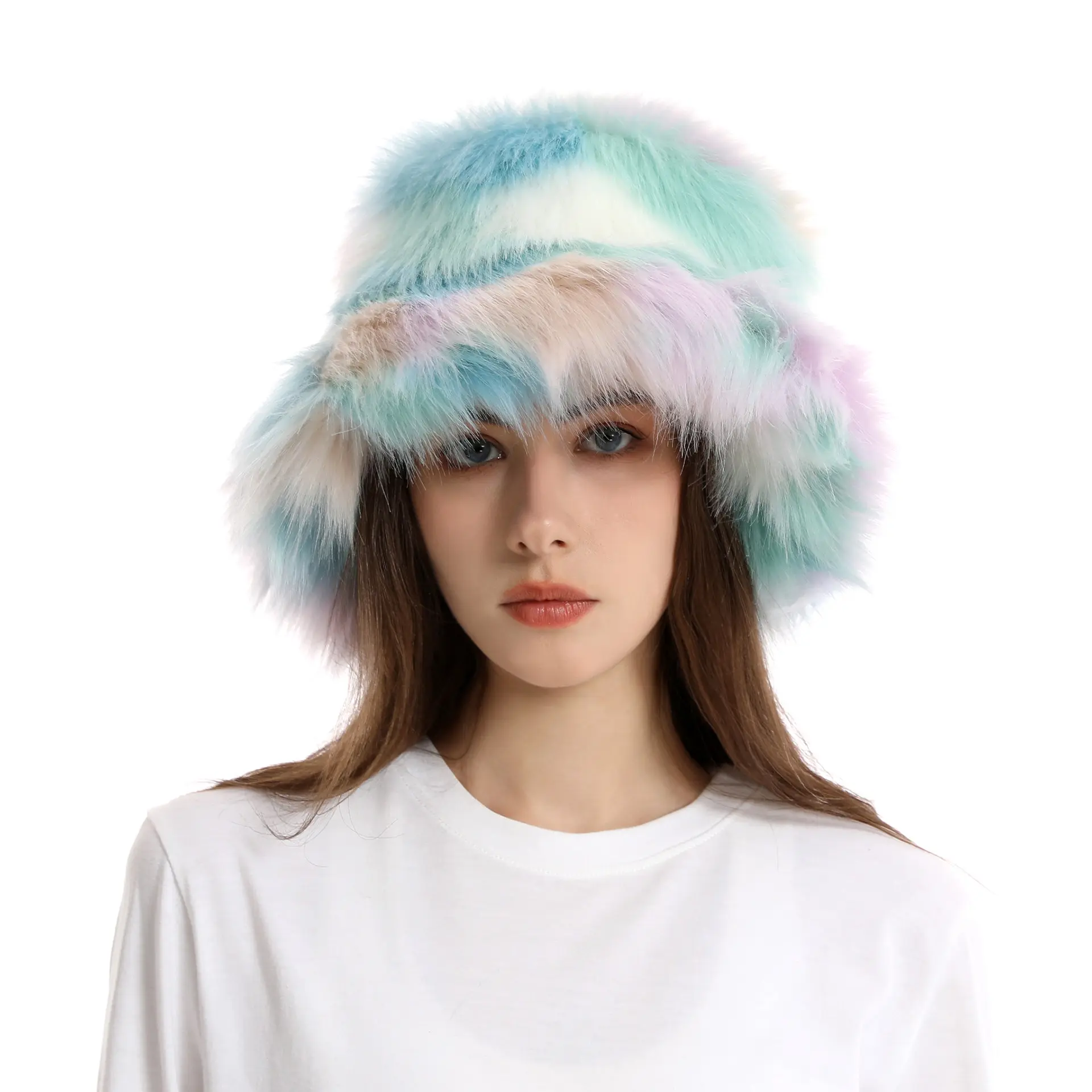 सर्दियों की महिलाओं ने गर्म इंद्रधनुष टोपी लोमड़ी के फर बेसिन महिला फैशन आकस्मिक पार्टी बाल्टी टोपी संगीत समारोह को रखा