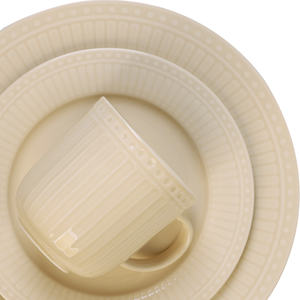 Set Peralatan Makan Berpinggiran Berhias Manik-Manik, Lapisan Krim Lembut, Piring & Mangkuk <span class=keywords><strong>Bone</strong></span> <span class=keywords><strong>China</strong></span> Modern, Peralatan Makan Netral Hangat Lembut - Product Image 1