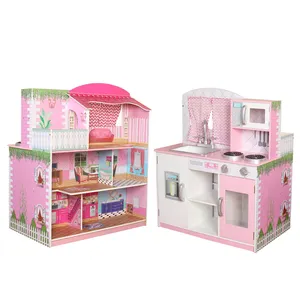 有趣的角色扮演互动2在1木娃娃屋和玩厨房玩具套装圣诞节最畅销的微型娃娃屋