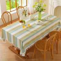 Nappe à rayures rectangle, nappe d'extérieur vichy en lin et coton avec pompon, couverture de table lavable sans plis pour la salle à manger