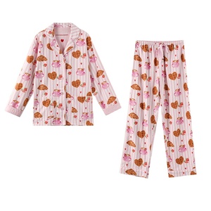 Setelan piyama katun rajut lengan panjang wanita, piyama katun rajut kustom dengan pinggang elastis nyaman musim dingin - Product Image 1