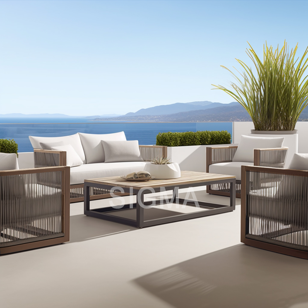 Modern Design Garden Sofa Set Outdoor Woven Rope Teak Wood Outdoor Furniture