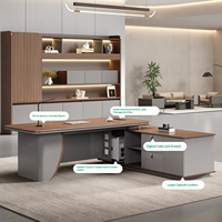 Set Scrivania Direzionale a L con Sedia, Design Moderno e Minimalista, Arredamento di Lusso in Legno con LED per Manager e Presidenti
