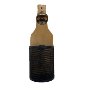 Abridor de Botellas de Madera para Montar en la Pared con Cesta para Tapas, Redondo, de Latón y Madera de Pino con Barniz Transparente y Pátina de Cedro - Product Image 5