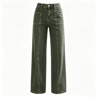 Jean droit taille haute à couture avant pour femme, coupe ample, en denim vert, vente en gros usine