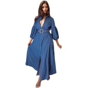 เดรสเสื้อยีนส์สีทึบสำหรับผู้หญิงมาใหม่ลำลองพร้อมเข็มขัดแฟชั่น - Product Image 1