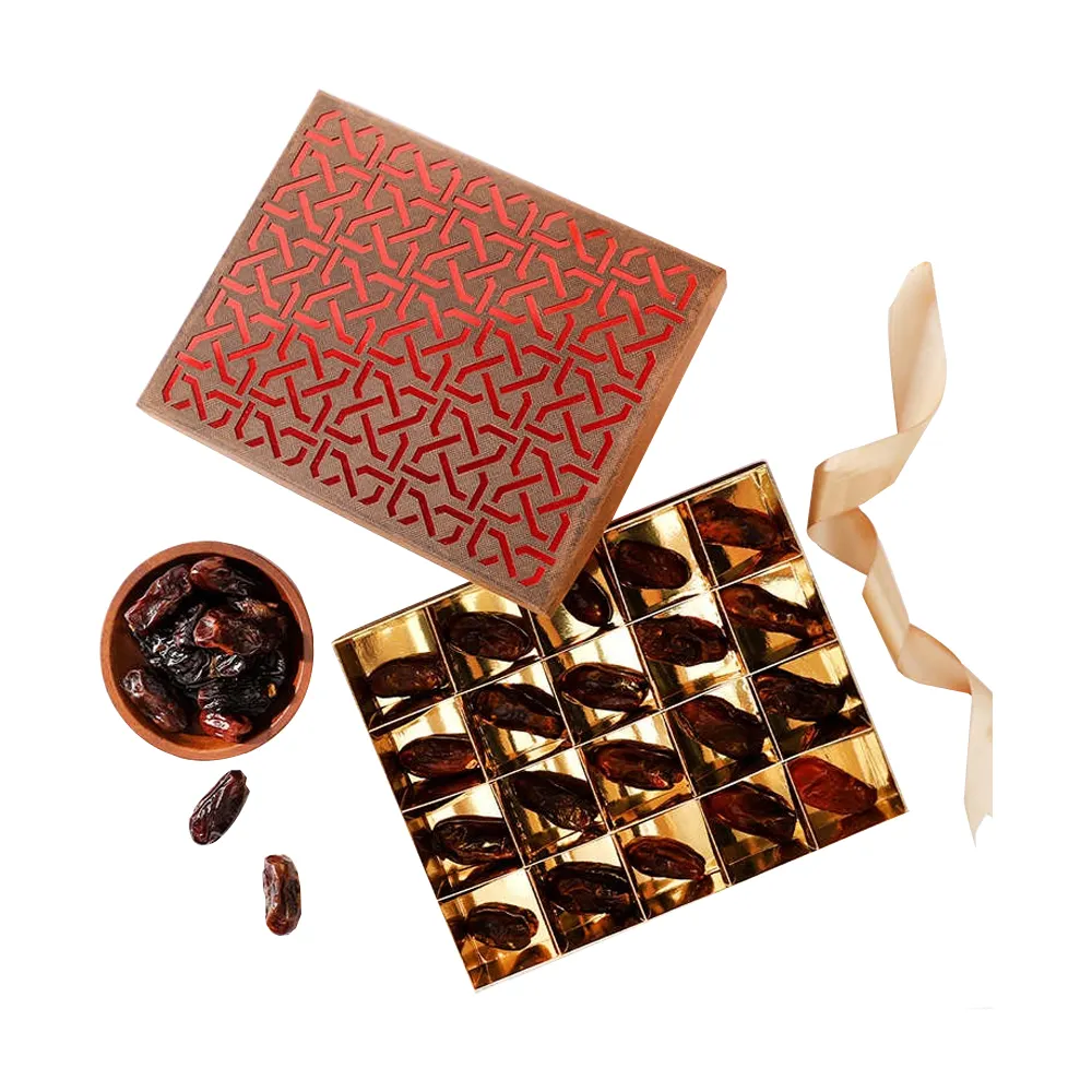 Individuelle luxuriöse Nahost-Bakklava-Schachtel Zubehör Droschblumenkerne Nüsse Papierverpackung Dateschachtel