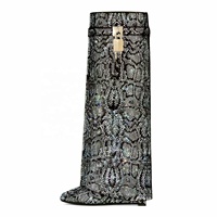 Bottes hautes pour femmes avec décoration en forme de requin en métal, talons compensés pliables, chaussures entièrement serties de diamants, à enfiler, bout pointu, superposition de bottes longues