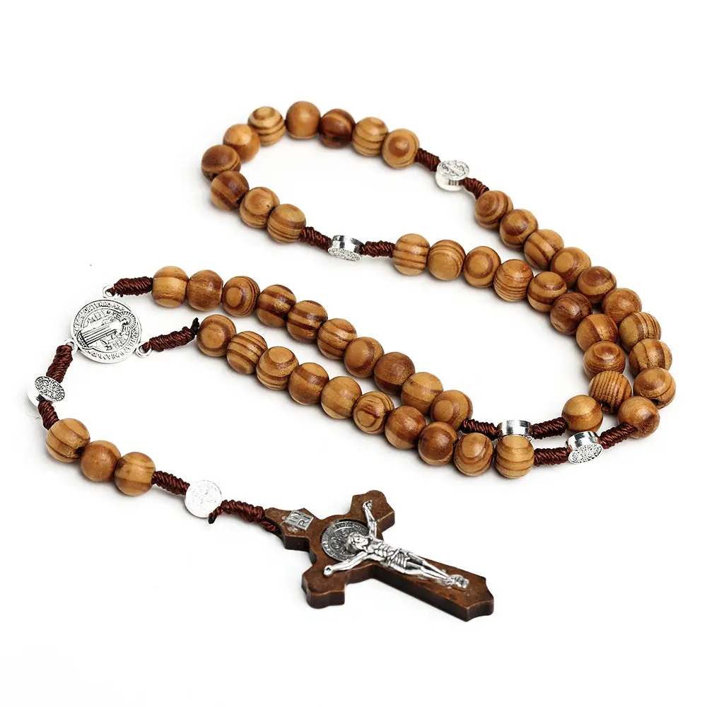 Collier chapelet en perles de bois fait à la main pour homme avec croix de Crucifix de St bénett, Offre Spéciale