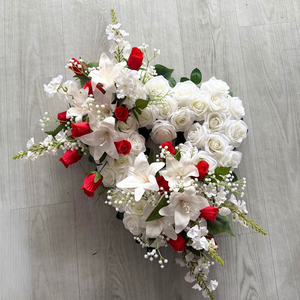 Corona Funebre di Fiori Artificiali in Seta Bianca <span class=keywords><strong>e</strong></span> Rossa da 55CM, Decorazioni Floreali Artificiali per Tombe <span class=keywords><strong>e</strong></span> Lapidi - Product Image 4
