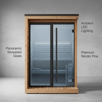 Cabine de sauna extérieure moderne de luxe avec verre trempé panoramique et bois de pin nordique pour spa à domicile et jardin