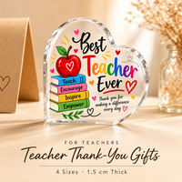 Plaque en acrylique transparente imprimée en forme de cœur, support de bureau autoportant avec base, thème enseignant, souvenir pour cadeau de remise de diplôme ou de départ
