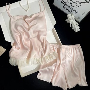 Estate donna <span class=keywords><strong>pigiama</strong></span> in raso <span class=keywords><strong>rosa</strong></span> pantaloncini da ragazza in seta di ghiaccio vestiti per la casa Sexy vestiti per la casa - Product Image 2