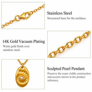 Collier avec pendentif en perle ovale, acier inoxydable, plaqué or 14 carats, design sculpté imitation perle - Product Image 4