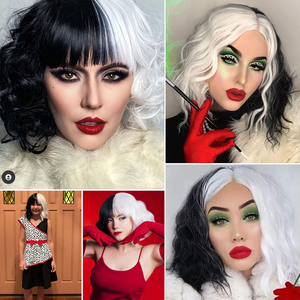 <span class=keywords><strong>Cruella</strong></span> devil – perruque de Cosplay pour <span class=keywords><strong>Costume</strong></span> d'halloween, perruque synthétique courte noire et blanche, perruque Bob ondulée avec frange pour femmes - Product Image 5
