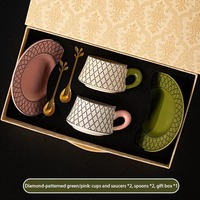 Ensemble de tasses à café et soucoupes en porcelaine rose et verte, tasses pour couple, cuillères à feuilles d'or, boîte cadeau, service à café