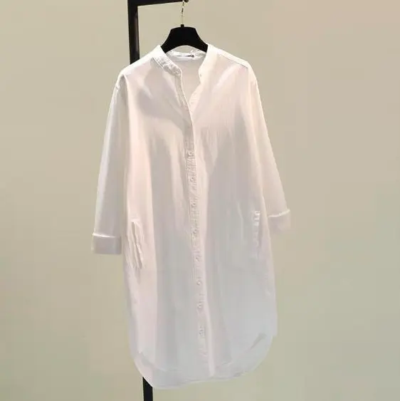 Vestido de blusa de manga comprida com logotipo personalizado de algodão e linho para mulheres, blusa casual cáqui de linha longa