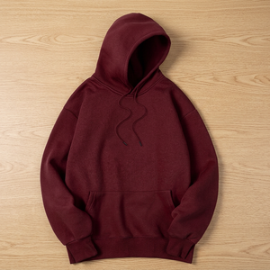 เสื้อฮู้ดดี้ฟลีซโอเวอร์ไซส์สีแดงเบอร์กันดีสำหรับผู้ชาย พร้อมกระเป๋าจิงโจ้และเชือกผูก - Product Image 3