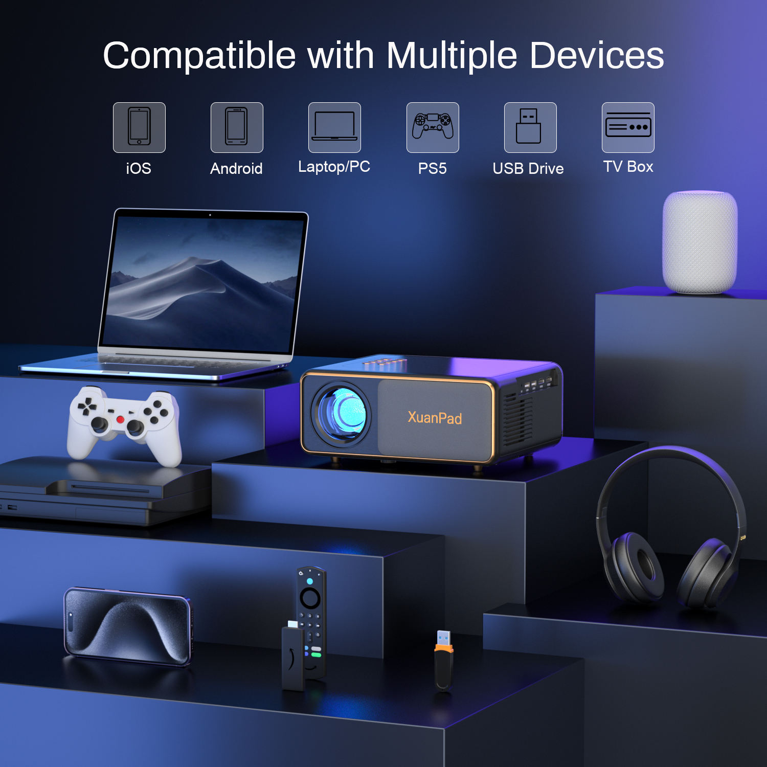 XuanPad Android Projector - 2024 1080P Bluetooth Projector with 4K