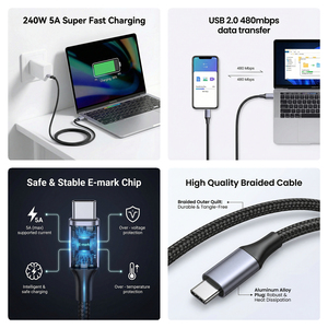 สายชาร์จเร็ว <span class=keywords><strong>Type</strong></span>-<span class=keywords><strong>C</strong></span> สาย <span class=keywords><strong>USB</strong></span> <span class=keywords><strong>C</strong></span> 100W คุณภาพสูงจากโรงงาน ผลิตตามสั่ง ความยาว 1 ม. 2 ม. 3 ม. สายถักไนลอน ชาร์จเร็ว USBC to USBC 240W - Product Image 2