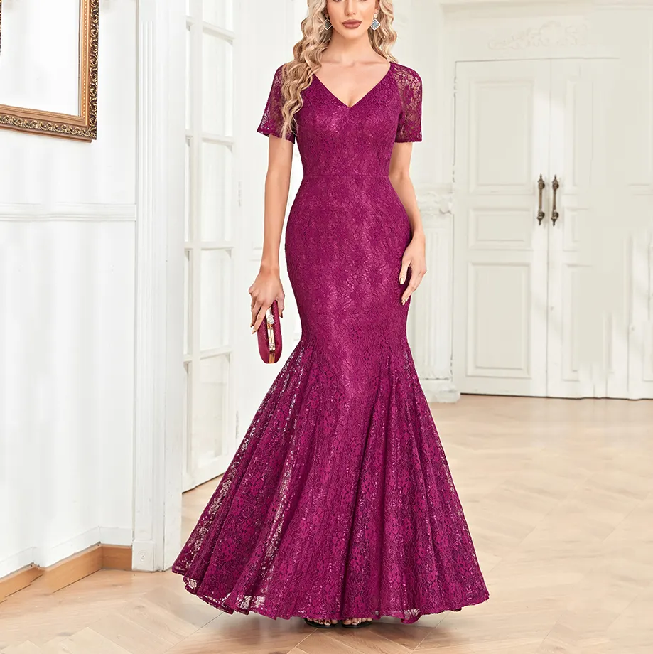 Customized Women'S Elegant Purple Mermaid Evening Dress V-Neck Wedding Party Dress And Floor Length Lace Formal Prom Dress