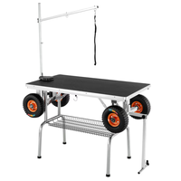 Table de toilettage pour animaux de compagnie pliable, réglable, écologique, en acier inoxydable, plastique et caoutchouc, avec roulettes