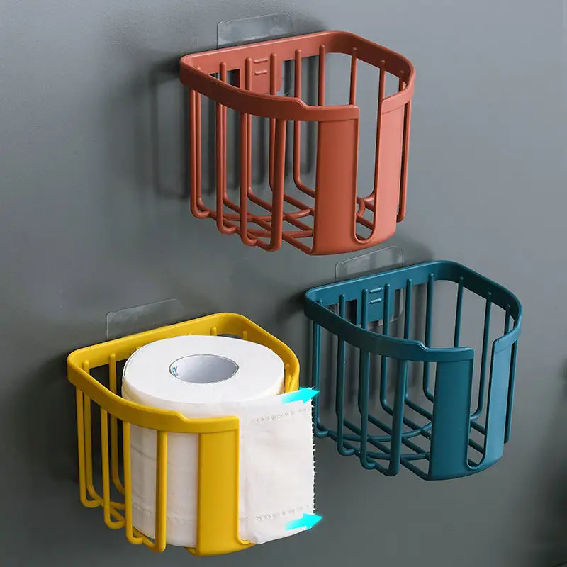 Estante de papel higiénico sin perforaciones, caja de pañuelos de cocina para baño, caja de almacenamiento adhesiva montada en la pared, soporte para rollo de papel