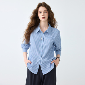Women's Blue Striped Shirt Long Sleeve Poplin Casual Blouse For Commuting Spring Autumn Elegant Inner Layer Top - Product Image 1