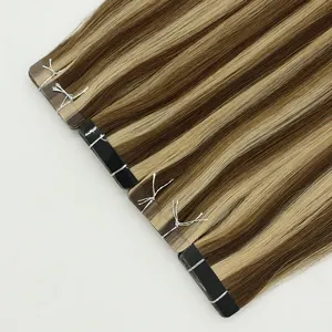 Salon Quality Russian Virgin Double Drawn Remy Cuitlce Ash Blonde Balayage Ombre Tape In Human Hair Extension