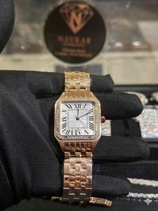 Reloj de Lujo de Plata de Ley 925 con Diamantes Cuadrados de Cuarzo para Mujer, Correa de Oro Amarillo, Números Romanos, Pantalla Analógica, Esfera de 30 mm - Product Image 1
