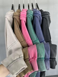 定制批发 450Gsm 重磅抓绒棉混纺复古酸洗毛边拉链连帽衫和运动衫（男款） - Product Image 5