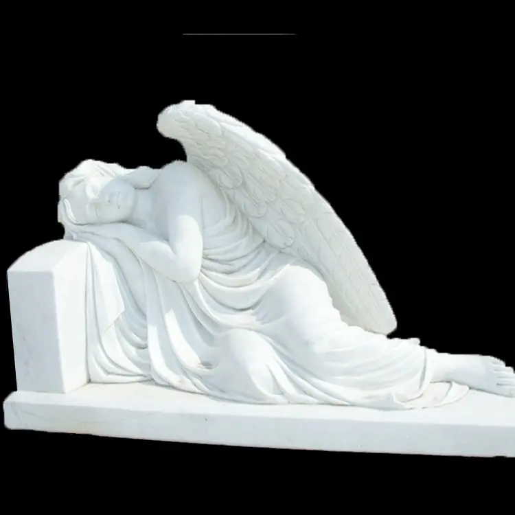 Lápide JK em tamanho real de mármore branco barato com asas de anjo chorão