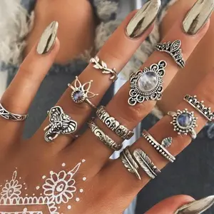 ชุดแหวนนิ้วชี้โบฮีเมียน12ชิ้น,ชุดแหวนสลักอัญมณีแบบย้อนยุคแหวนสุดสร้างสรรค์ปี2021