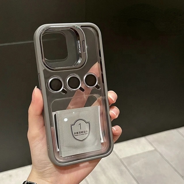 Camera Glass Lens Stand Phone Case for iPhone 16 15 14 13 12 11 Pro Max Metal Lens Ring Protection Transparent Shockproof Cover